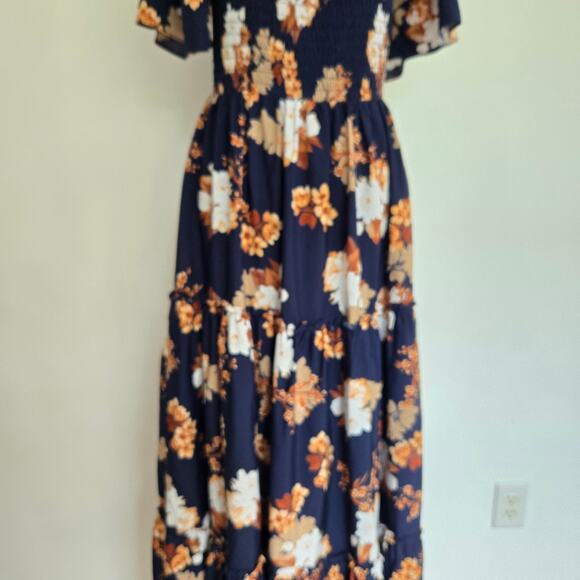 Baltic Born Floral Navy Maxi Dress Boho Smocked Square Neck Ruffle Women Large - Picture 7 of 13